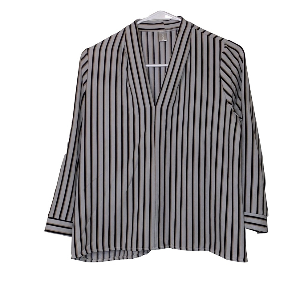 Women's Neverland Design V-Neck Blouse, Size M, White & Black, Tan Striped